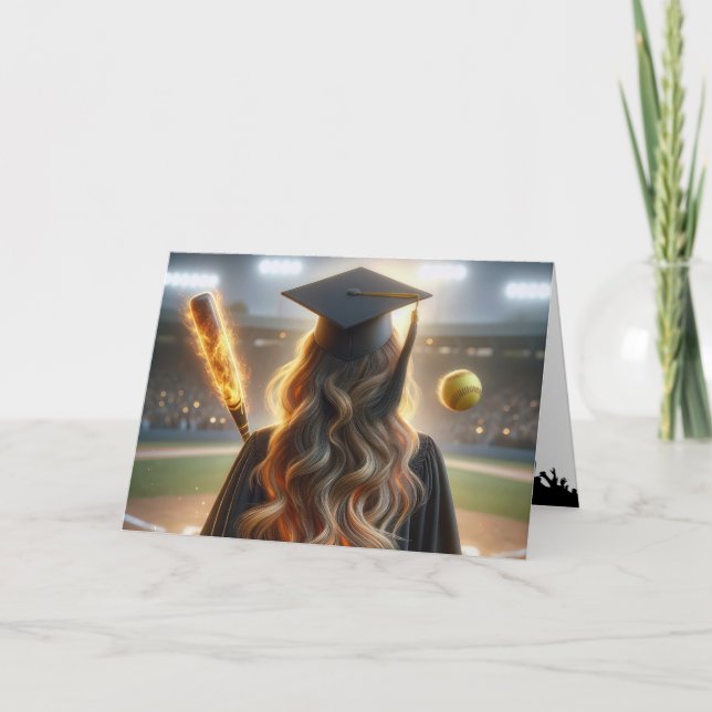 Tarjeta Graduado chica De Softball Con Fiery Bat (Anverso)