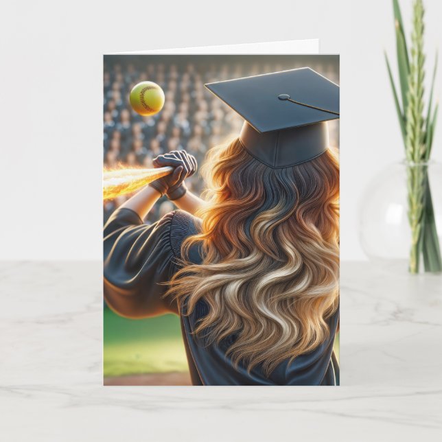 Tarjeta Graduado chica De Softball Con Fiery Bat (Anverso)