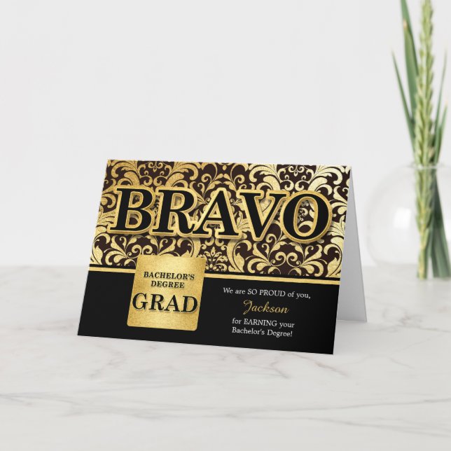 Tarjeta Graduado de grado Faux Gold y Black (Anverso)
