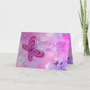 Tarjeta Graduado, ENHORABUENA, mariposa glamorosa rosada
