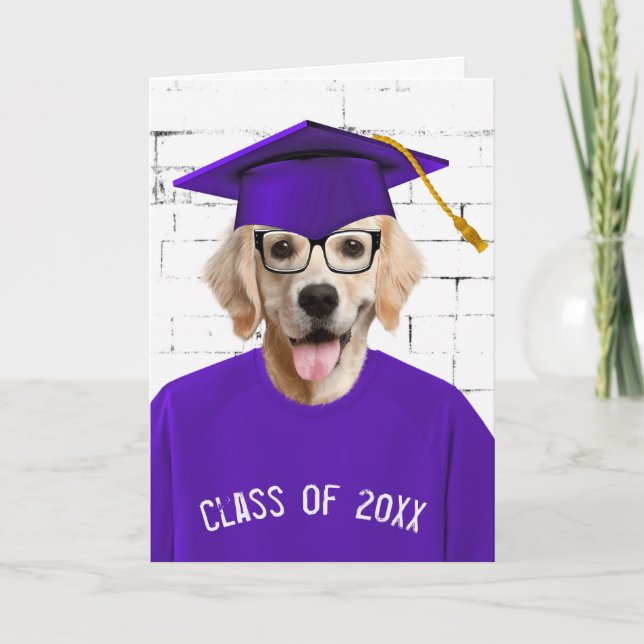 Tarjeta Graduado Golden Retriever con tapa morada (Anverso)
