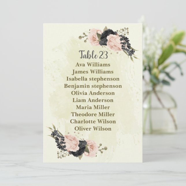 tarjeta gráfica de asiento con flores negras rosa (Anverso de pie)