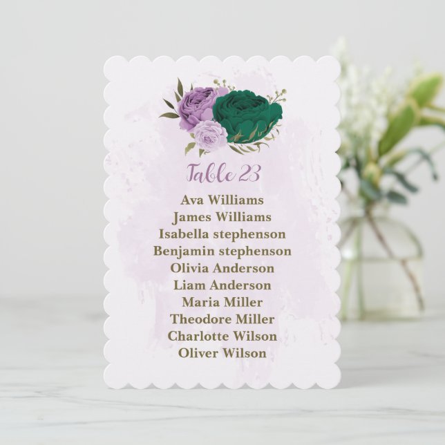 tarjeta gráfica de flores moradas esmeraldas verde (Anverso de pie)