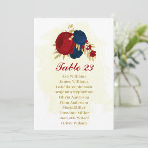 tarjeta gráfica dorada de flores rojas y azul mari