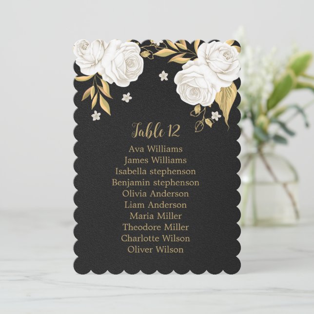 tarjeta gráfica negra de flores doradas blancas (Anverso de pie)