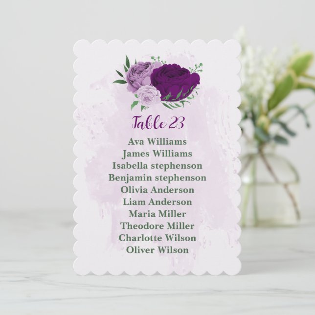 Tarjeta gráfica romántica con flores púrpura (Anverso de pie)