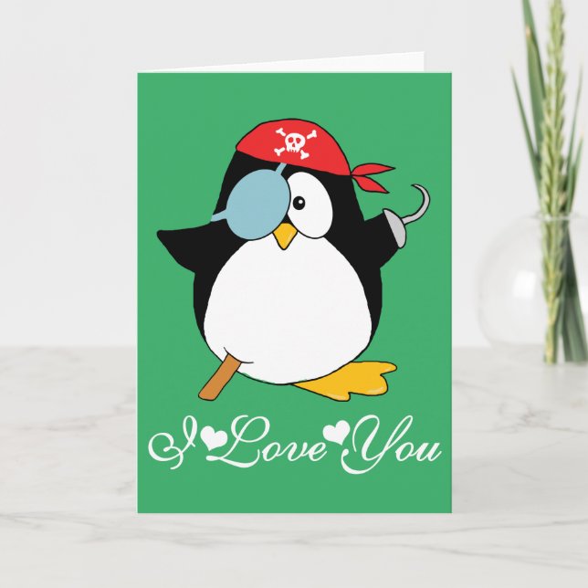 Tarjeta Gráfico de Pingüino Pirata Te Amo (Anverso)