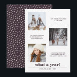 Tarjeta Gráfico mínimo | Año de revisión 3 collage de foto<br><div class="desc">La tipografía gráfica de negrita contemporánea y mínima incluye tres fotos cuadradas favoritas con subtítulos personalizados, con el nombre de su familia y "¡qué año!" debajo, La parte posterior de la tarjeta muestra un toque de color de coordinación (borgoña) con un patrón estrella de invierno Cualquier color disponible bajo petición...</div>