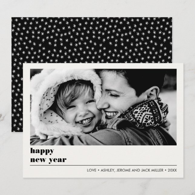 Tarjeta Gráfico mínimo | Foto de Año Nuevo Feliz Negro (Anverso / Reverso)