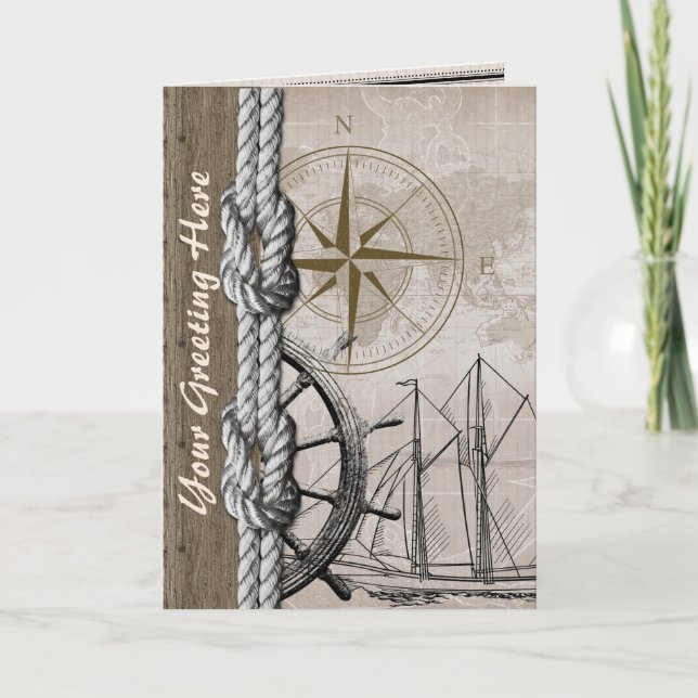 Tarjeta Gráfico náutico beige y marrón vintage (Anverso)