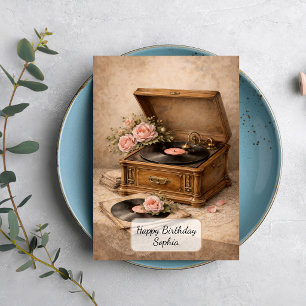 Tarjeta Gramófono Antiguo con Rosas