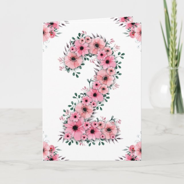 Tarjeta Gran 2º cumpleaños Flores rosadas Chica de follaje (Anverso)