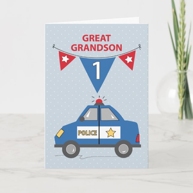 Tarjeta Gran Abuelo, primer cumpleaños, auto de la policía (Anverso)