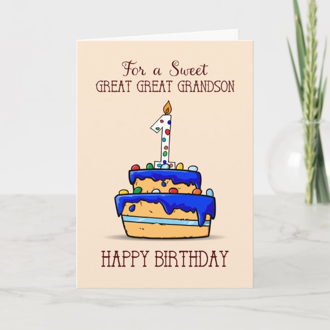 Tarjeta Gran Abuelo Primer cumpleaños, dulce pastel azul (Anverso)