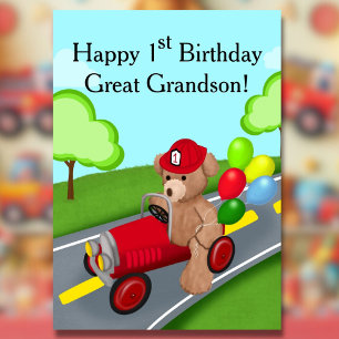 Tarjeta Gran Abuelo Primer cumpleaños Teddy Bear Firetruck