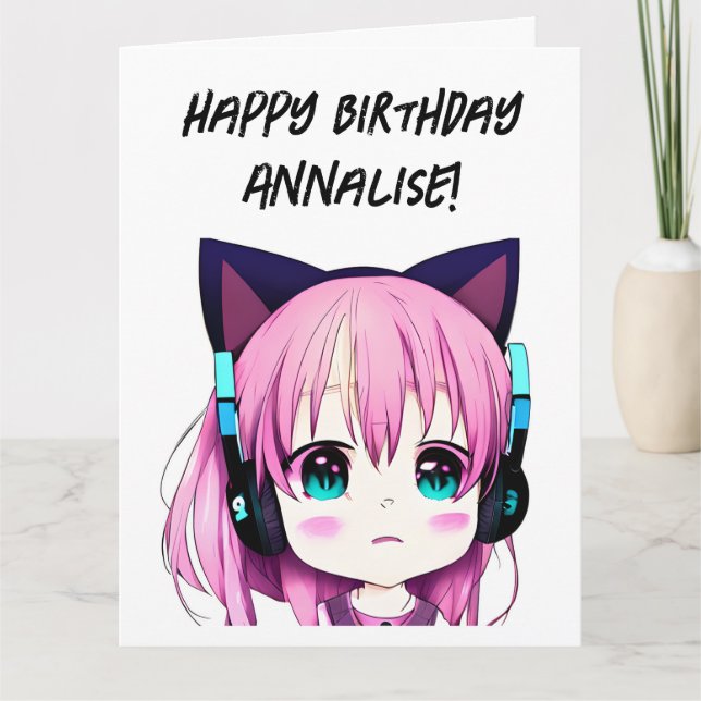 Tarjeta Gran Chica de Anime con audífonos Cumpleaños de Or (Anverso)