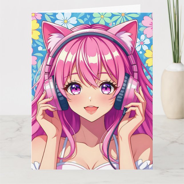 Tarjeta Gran Chica de anime rosado con auriculares Cumplea (Anverso)