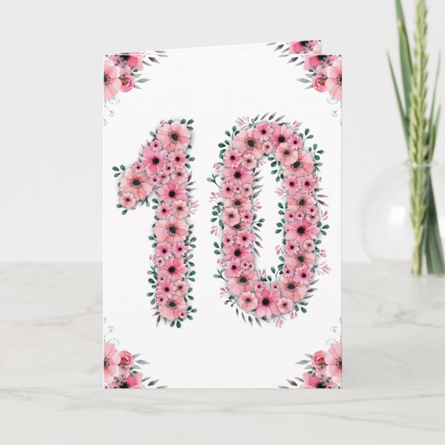 Tarjeta Gran Chica de cumpleaños 10 Flores rosadas follaje (Anverso)