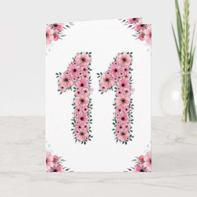 Tarjeta Gran Chica de cumpleaños 11 Flores rosas oliage ve (Anverso)