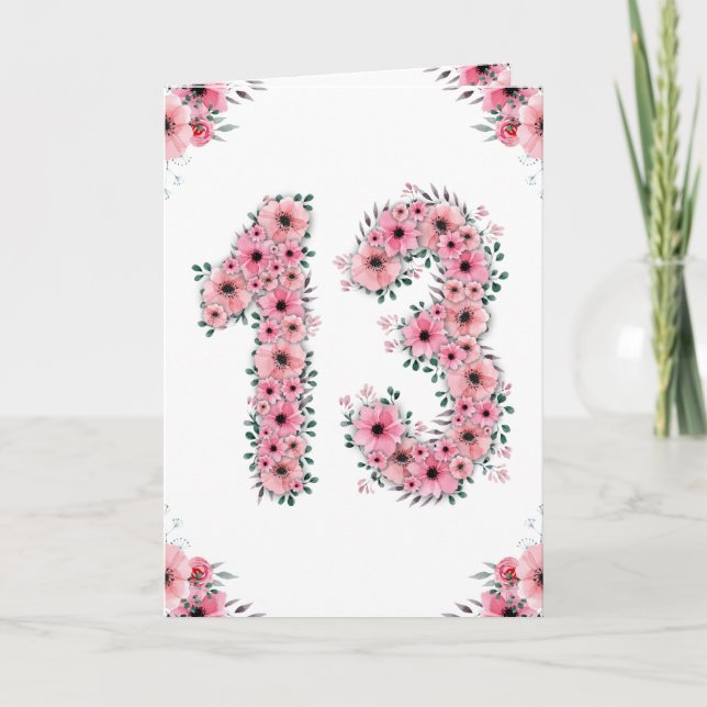 Tarjeta Gran Chica de cumpleaños número 13 Flores rosas fo (Anverso)