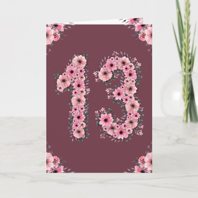 Tarjeta Gran Chica de follaje verde de 13 años con flores  (Anverso)
