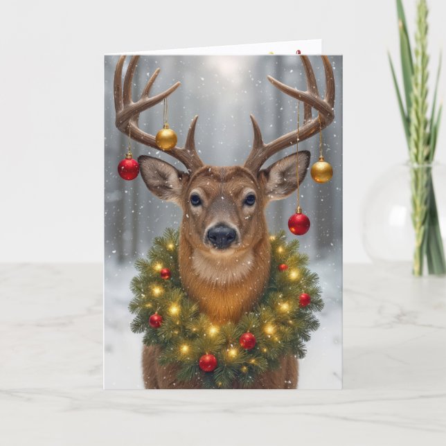Tarjeta Gran Ciervo con Corona de Navidad Brillante (Anverso)