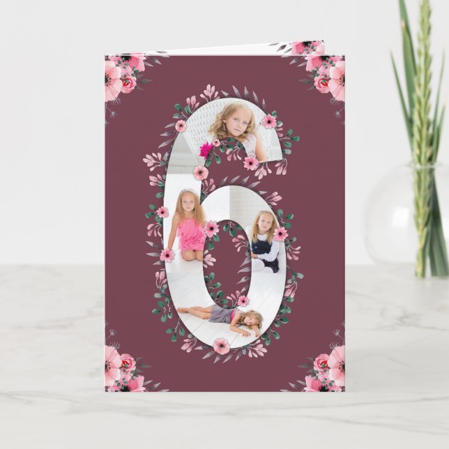 Tarjeta Gran Collage de fotos Chica de cumpleaños 6 Flor r (Anverso)