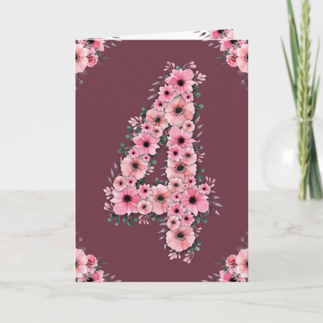 Tarjeta Gran cuarto cumpleaños de flores rosadas Chica de  (Anverso)