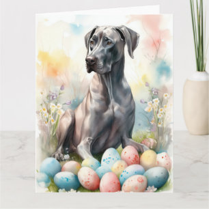 Tarjeta Gran Danés con huevos de Pascua