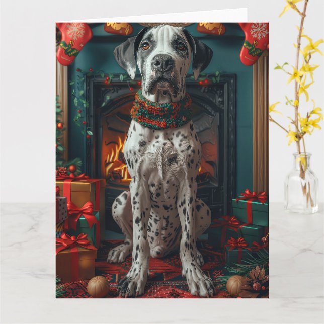 Tarjeta Gran Danés Con Regalos De Navidad Chimenea (flor amarilla)