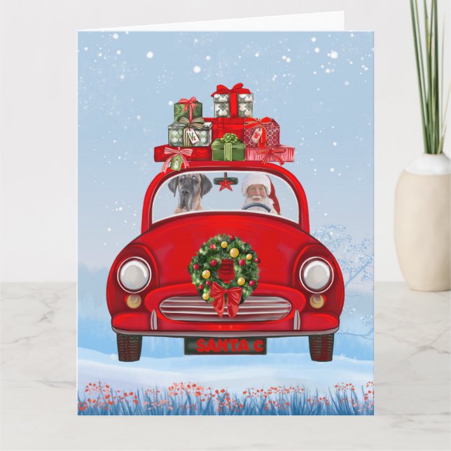 Tarjeta Gran Danés en coche con Papá Noel  (Anverso)
