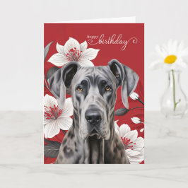 Tarjeta Gran Danés Perro Cumpleaños Lirios Blancos sobre R