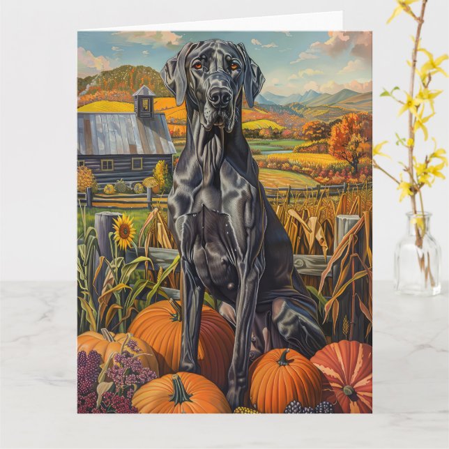 Tarjeta Gran Danés Perro Otoño Cosecha Día de Acción de Gr (flor amarilla)