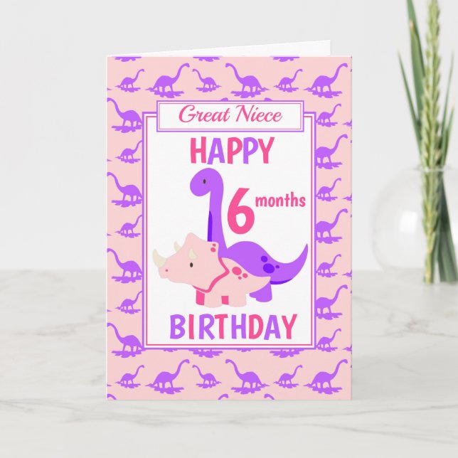 Tarjeta Gran Dinosaurio de la sobrina 6 meses Pink de cump (Anverso)
