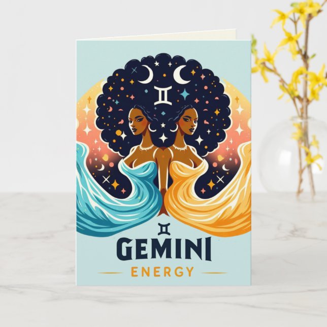 Tarjeta Gran Energía Géminis Afro Cumpleaños Diosa Gemela (flor amarilla)