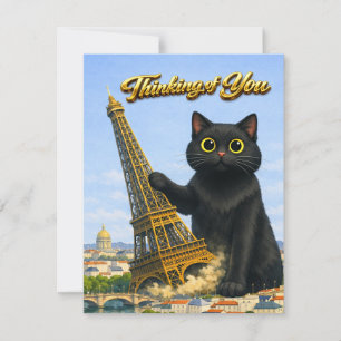 Tarjeta Gran Gato Negro Derriba la Torre Eiffel Pensando e