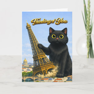 Tarjeta Gran Gato Negro Derriba la Torre Eiffel Pensando e