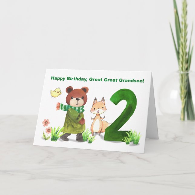 Tarjeta Gran Gran Abuelo Segundo Oso de Cumpleaños y Fox (Anverso)
