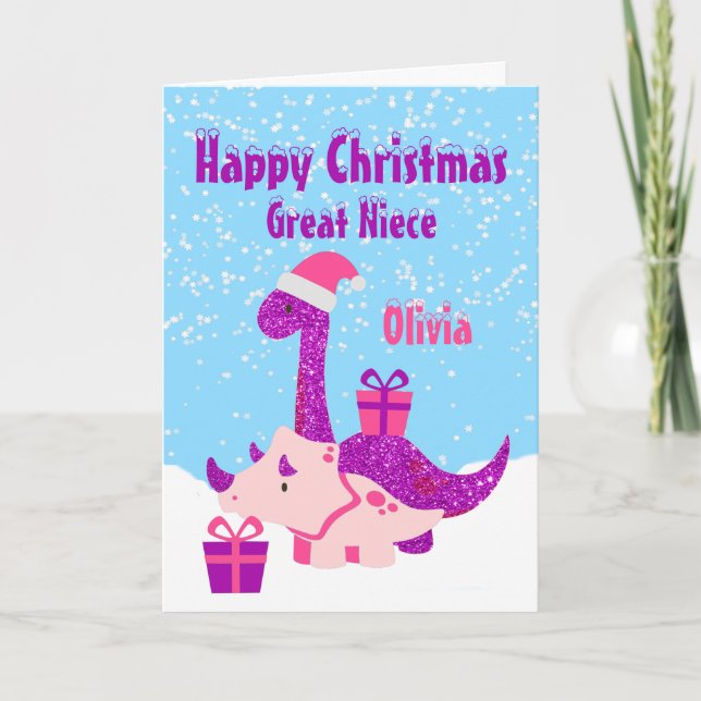 Tarjeta Gran Niece Feliz Navidad Dinosaurio Purple (Anverso)