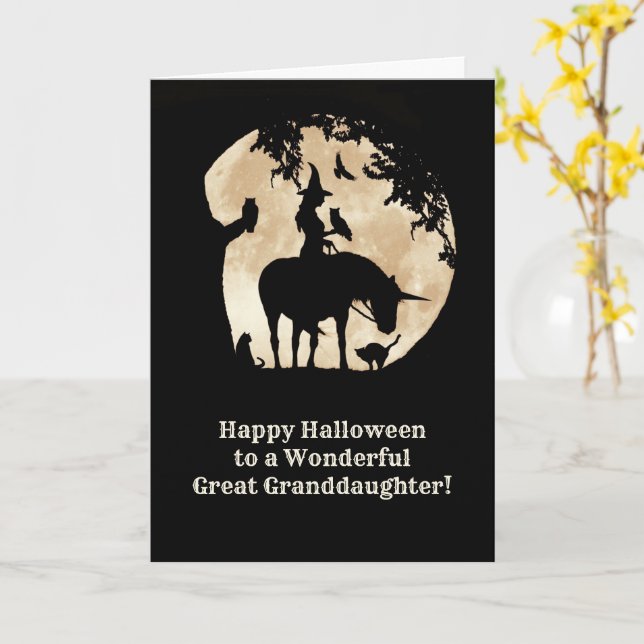 Tarjeta Gran nieta adorna Halloween Bruja Unicorn (flor amarilla)