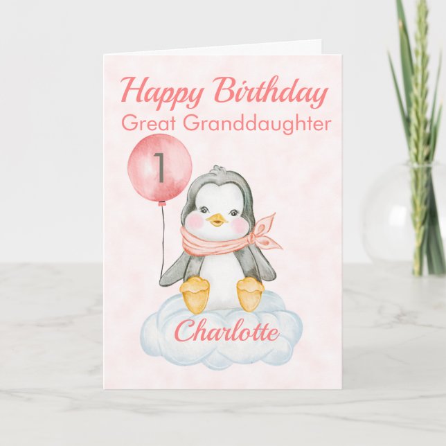 Tarjeta Gran Nieta Pingüino Feliz primer cumpleaños (Anverso)