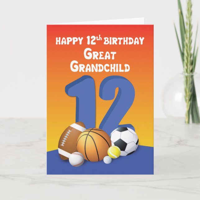 Tarjeta Gran nieto, boy 12th Birthday Sports Balls (Anverso)
