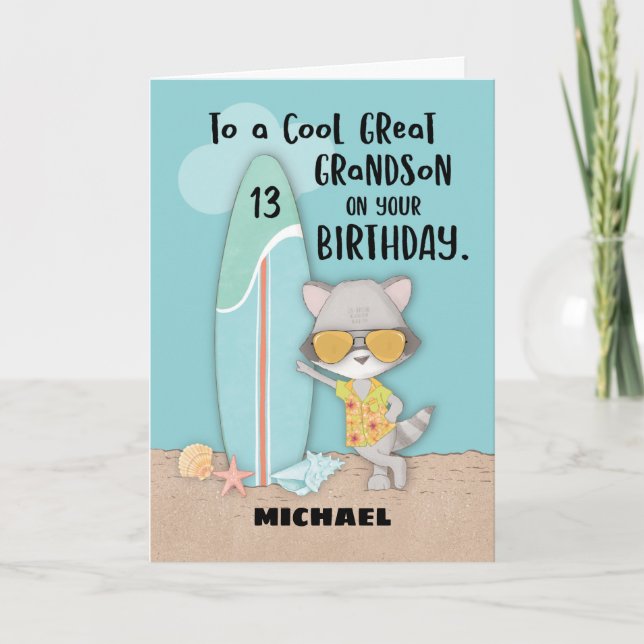 Tarjeta Gran nieto de 13 años Birthday Beach Funny Raccoon (Anverso)