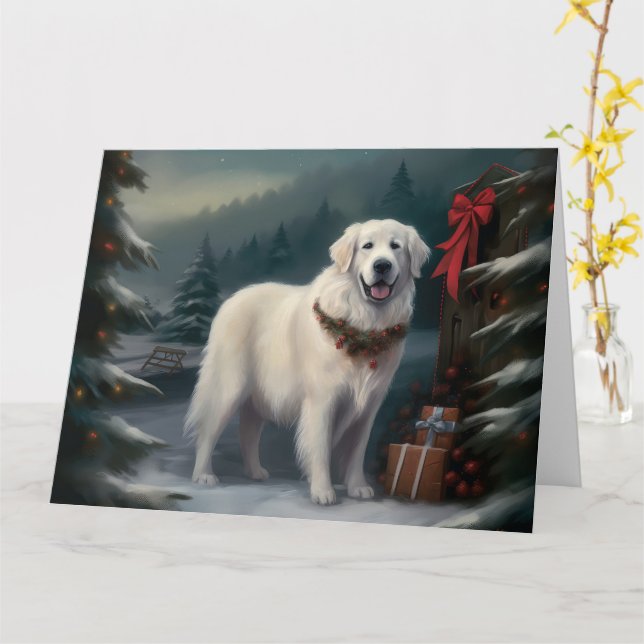 Tarjeta Gran perro de los Pirineos en Navidades de nieve (flor amarilla)