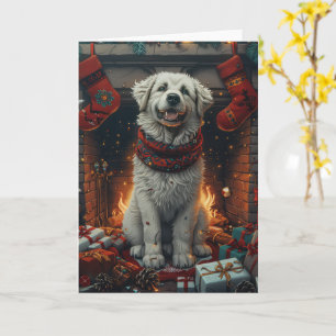 Tarjeta Gran Perro Pirineo Con Regalos De Navidad Chimenea