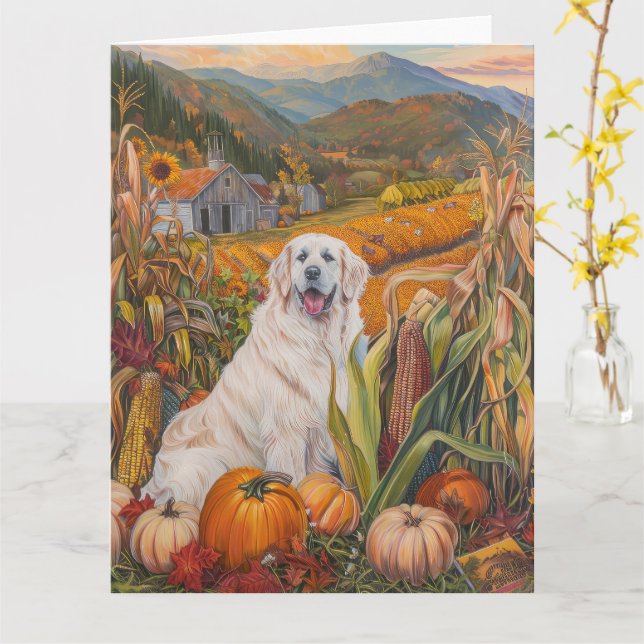 Tarjeta Gran Perro Pirineo Otoño Cosecha Día de Acción de  (flor amarilla)
