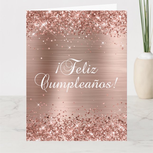 Tarjeta Gran Relieve metalizado dorado Rosa feliz cumpleañ (Anverso)