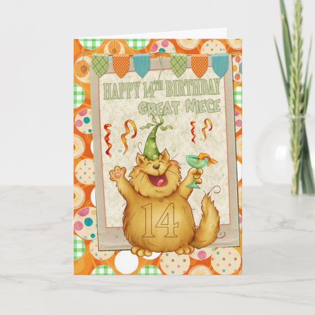 Tarjeta Gran sobrina 14 cumpleaños con gato Fiesta diverti (Anverso)