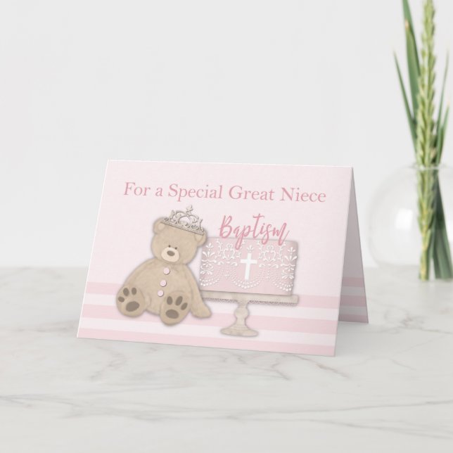 Tarjeta Gran sobrina Bautismo Rosa Pastel Teddy Oso y Tiar (Anverso)
