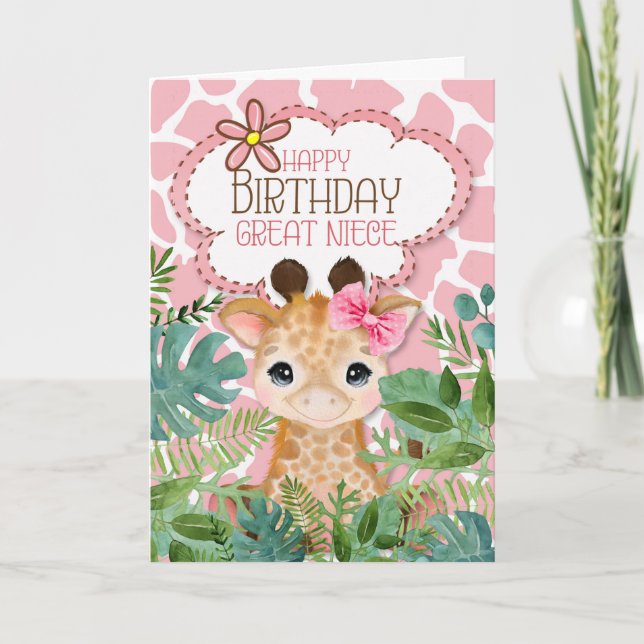 Tarjeta Gran sobrina Jungla Rosa Girafa Tema Cumpleaños (Anverso)